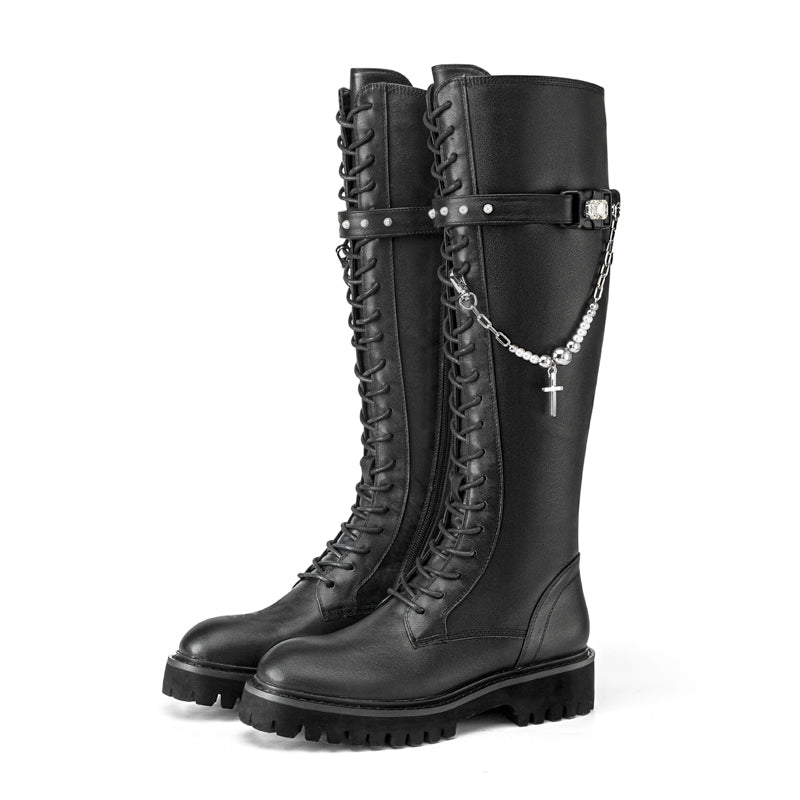 In The Name Of Love Ladies' Cross With Chain Leather Combat Boot 5564 Black - House of Avenues - Designer Shoes | 香港 | 女Ã? House of Avenues